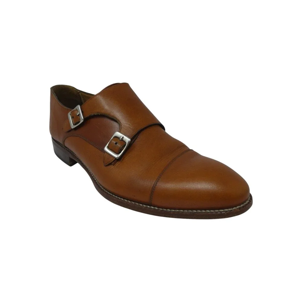 Beckett Simonon Hoyt Double Monk Strap Shoes Mens 10 Brown Leather Cap Toe